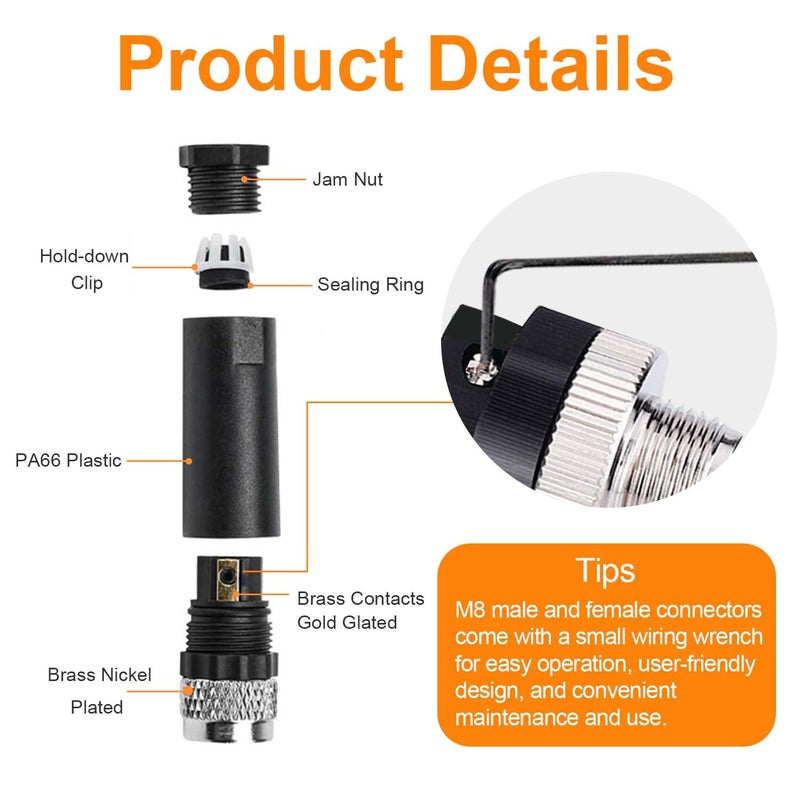 PklzNet 10 Pcs M8 3-Pin Aviation Connector Female, Industrial A Coding Field Assembly Plug 8mm IP67 Waterproof for Circular Socket Panel Sensor - Image 4